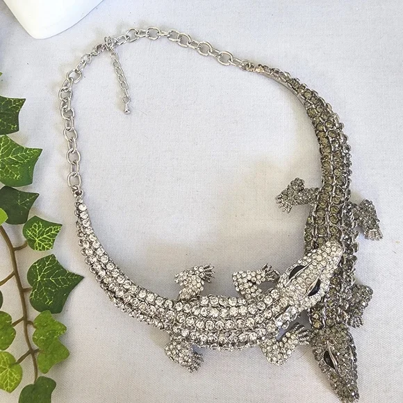 Large Statement Silver with Cubic Zirconia Crystals Double Alligator Necklace - Picture 3 of 9